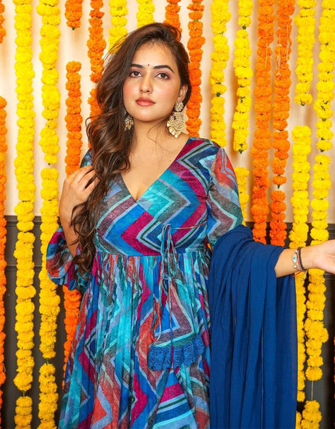 fashionable navy blue chiffon traditional function wear readymade anarkali suit collection with navy blue micro crep 31.4285714285714 Side View