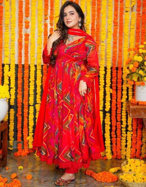 sleek red chiffon traditional function wear readymade anarkali suit collection with red micro crep 31.4285714285714 Close-up View