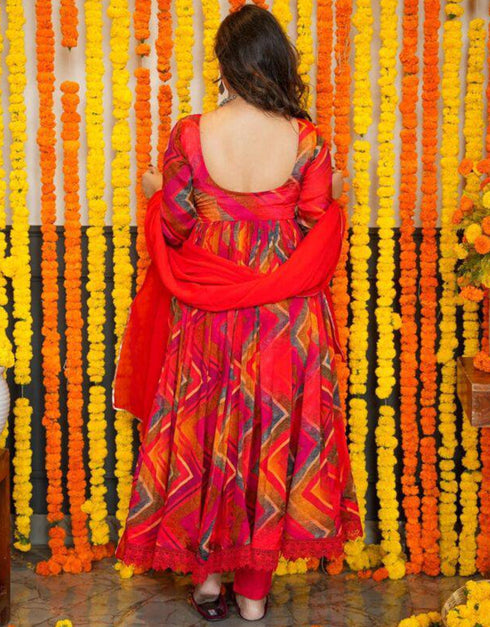 sleek red chiffon traditional function wear readymade anarkali suit collection with red micro crep 31.4285714285714 Back View