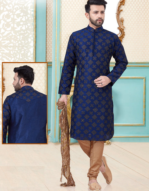 Blue Kurta Dupion Silk With Embroidery Work Payjama