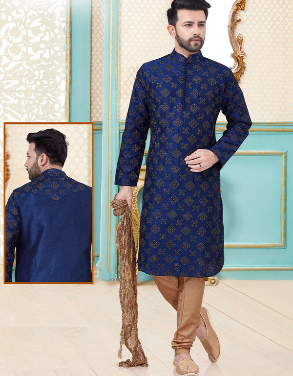Blue Kurta Dupion Silk With Embroidery Work Payjama