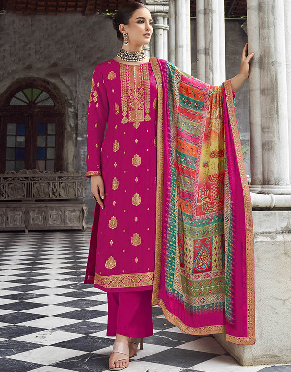 trendy rani pink pure viscose dola traditional function wear heavy salwar suit collection with rani pink pure jam cotton dyed rt8782-184128 Front View