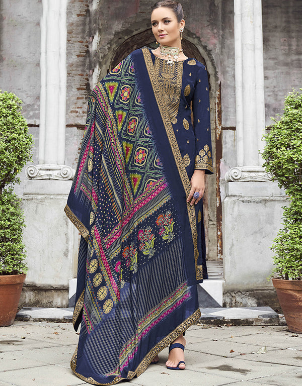 elegant navy blue pure viscose dola traditional function wear heavy salwar suit collection with navy blue pure jam cotton dyed rt8782-184129 Front View
