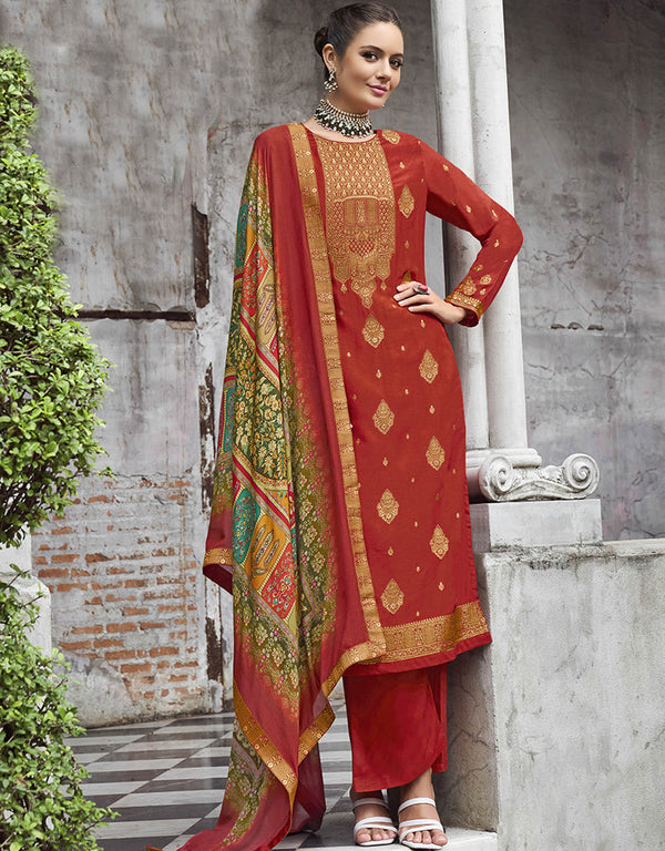 sleek red pure viscose dola traditional function wear heavy salwar suit collection with red pure jam cotton dyed rt8782-184131 Front View