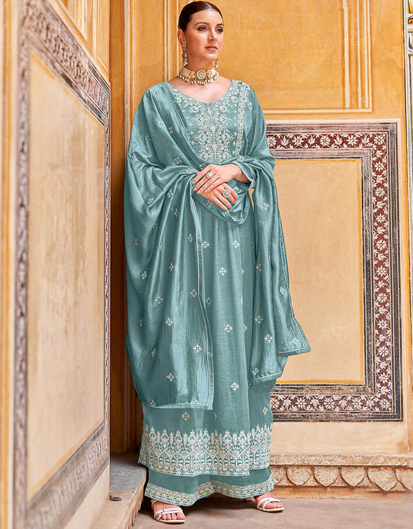 chic aqua blue real premium silk traditional function wear heavy salwar suit collection with aqua blue real premium silk rt8784-184142 Front View