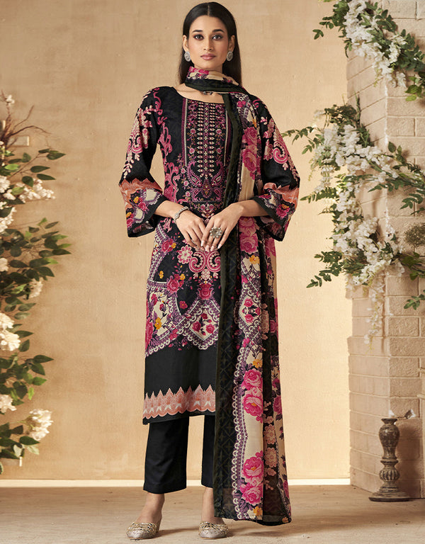 sleek black pure cambric cotton traditional function wear readymade suit collection with black cotton solid rt8785-184146 Front View