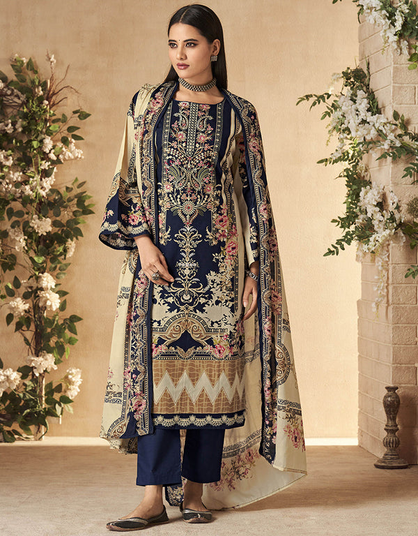 sophisticated navy blue pure cambric cotton traditional function wear readymade suit collection with navy blue cotton solid rt8785-184148 Front View