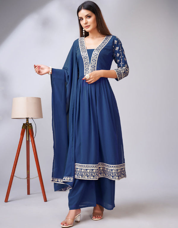 stylish blue georgette traditional function wear readymade suit collection with blue georgette rt8787-184157 Front View