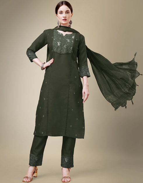 sleek dark green cotton blend traditional function wear readymade suit collection with dark green cotton blend rt8790-184172 Front View