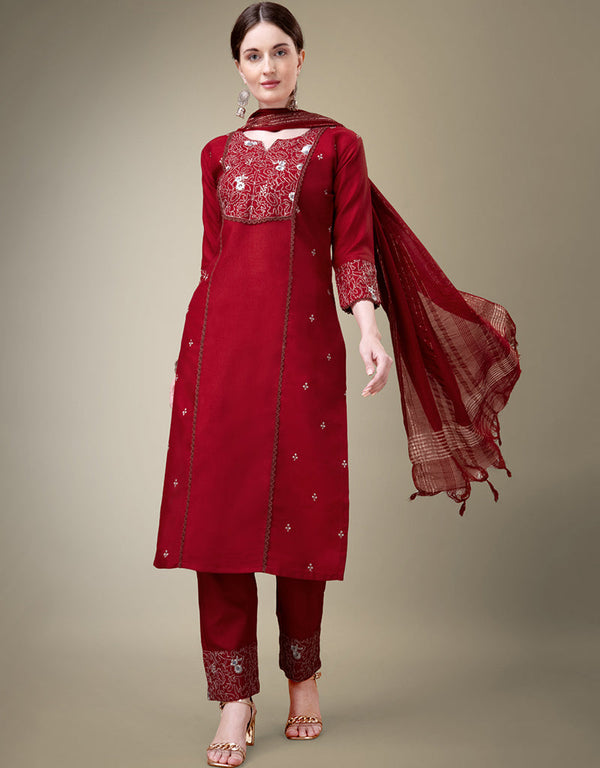 modern maroon cotton blend traditional function wear readymade suit collection with maroon cotton blend rt8790-184173 Front View