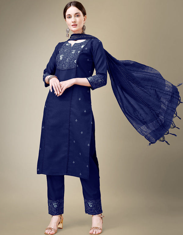 glamorous navy blue cotton blend traditional function wear readymade suit collection with navy blue cotton blend rt8790-184175 Front View