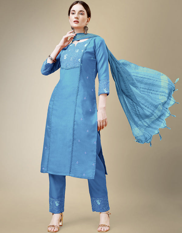 stylish sky blue cotton blend traditional function wear readymade suit collection with sky blue cotton blend rt8790-184178 Front View