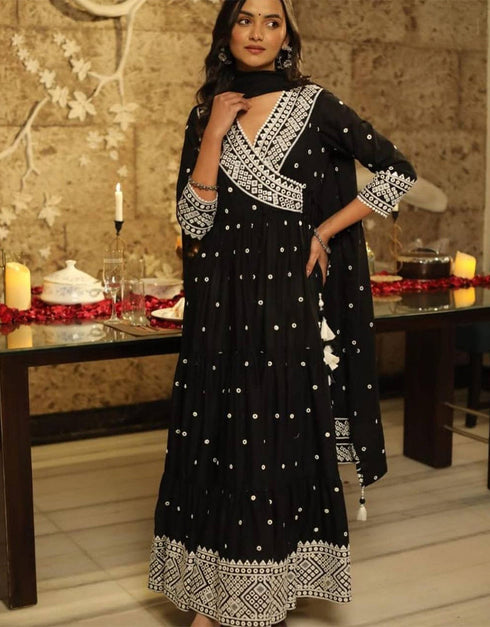 stylish black heavy faux georgette traditional function wear readymade suit collection with black heavy micro cotton rt8796-184205 Front View
