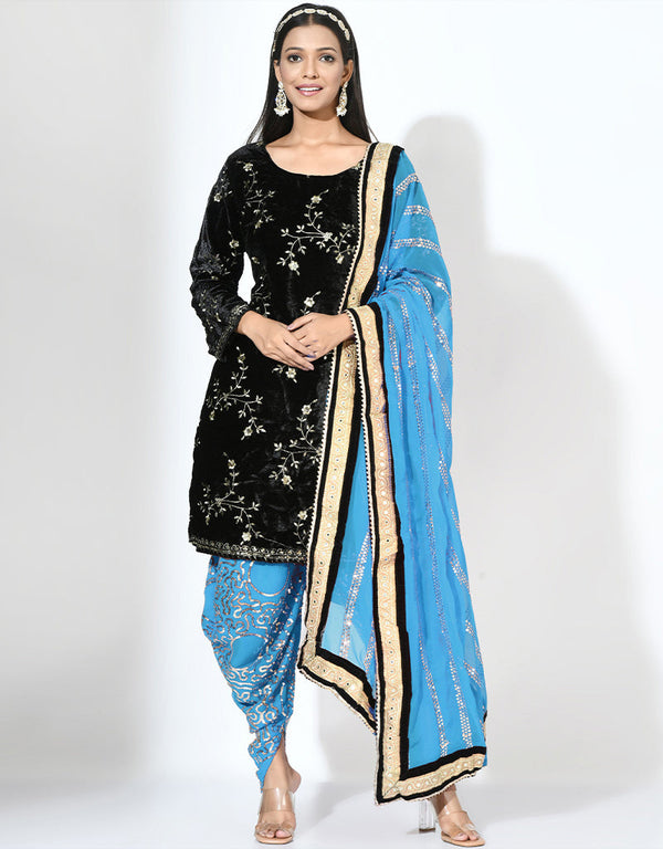 chic black viscose velvet punjabi patiala wear salwar suit collection with blue faux georgette rt8798-184210 Front View