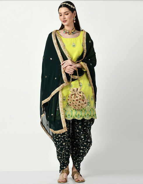 trendy lemon yellow faux georgette punjabi patiala wear salwar suit collection with black faux georgette rt8798-184211 Front View