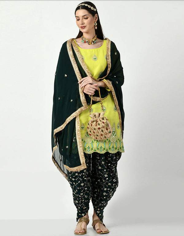 trendy lemon yellow faux georgette punjabi patiala wear salwar suit collection with black faux georgette rt8798-184211 Front View