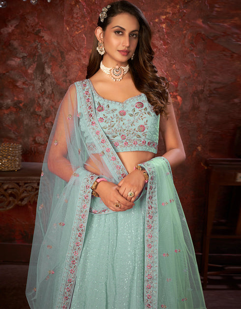 chic mint green faux georgette indian wedding heavy designer lehenga choli collection with mint green faux georgette rt8804-184239 Back View