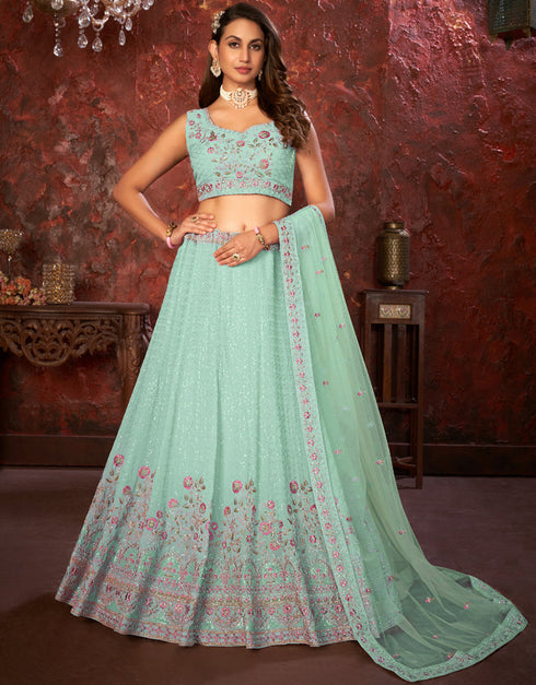 chic mint green faux georgette indian wedding heavy designer lehenga choli collection with mint green faux georgette rt8804-184239 Front View