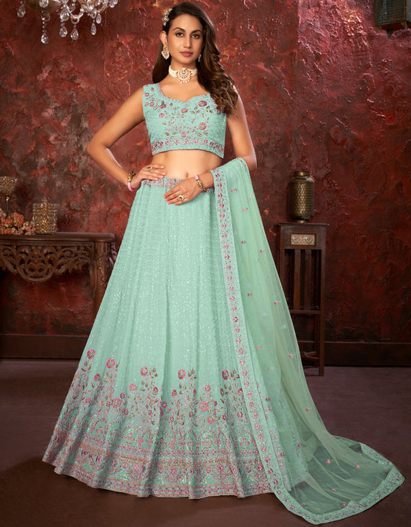 chic mint green faux georgette indian wedding heavy designer lehenga choli collection with mint green faux georgette rt8804-184239 Front View