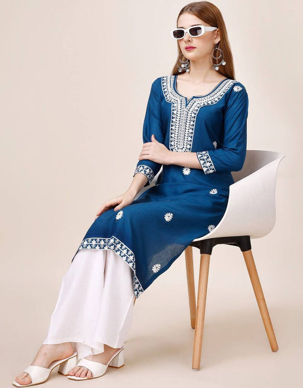 glamorous embroidery work riyon cotton traditional function wear riyon cotton readymade kurti collection with navy blue rt8812-184286 Front View