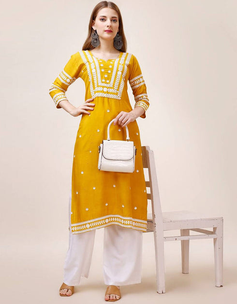 classy embroidery work riyon cotton traditional function wear riyon cotton readymade kurti collection with yellow rt8812-184288 Front View