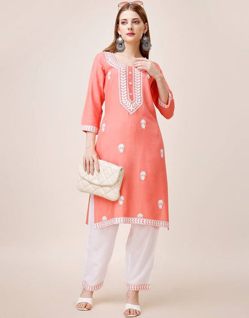 chic embroidery work riyon cotton traditional function wear riyon cotton readymade kurti collection with peach rt8812-184290 Front View