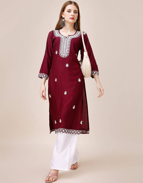 trendy embroidery work riyon cotton traditional function wear riyon cotton readymade kurti collection with maroon rt8812-184291 Front View