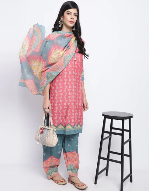 chic peach cotton blend traditional function wear cotton blend readymade suit collection with sea green cotton blend rt8813-184293 Front View