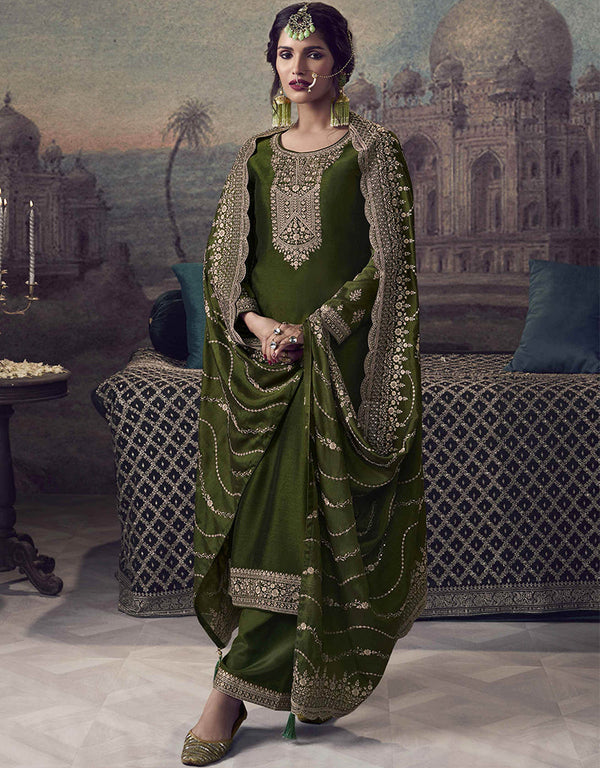 sleek mehndi silk georgette designer party wear heavy salwar suit collection with mehndi dull santoon rt8818-184300 Front View