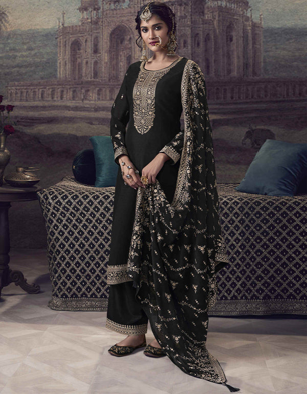 sophisticated black silk georgette designer party wear heavy salwar suit collection with black dull santoon rt8818-184302 Front View