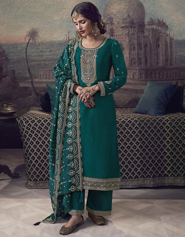 contemporary teal silk georgette designer party wear heavy salwar suit collection with teal dull santoon rt8818-184304 Front View