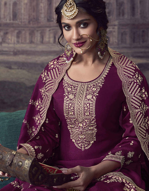 classy wine silk georgette designer party wear heavy salwar suit collection with wine dull santoon rt8818-184305 Close-up View
