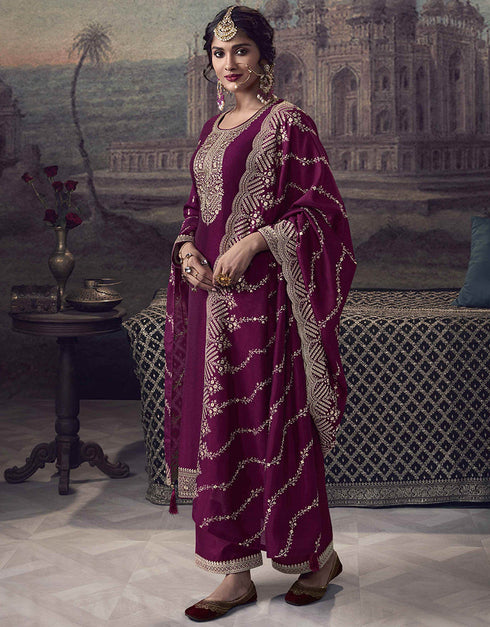 classy wine silk georgette designer party wear heavy salwar suit collection with wine dull santoon rt8818-184305 Front View