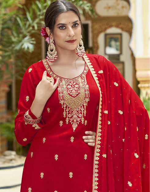 stylish red real premium silk designer party wear heavy sharara suit collection with red real premium silk rt8819-184306 Close-up View