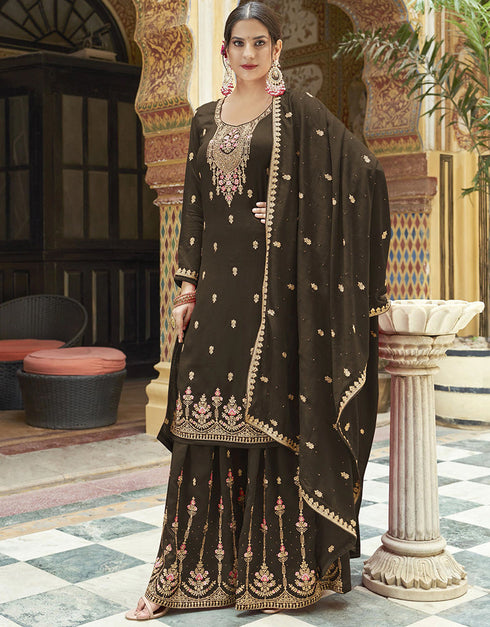 trendy mehendi green real premium silk designer party wear heavy sharara suit collection with mehendi green real premium silk rt8819-184308 Front View