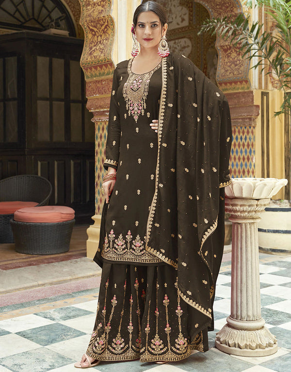 trendy mehendi green real premium silk designer party wear heavy sharara suit collection with mehendi green real premium silk rt8819-184308 Front View