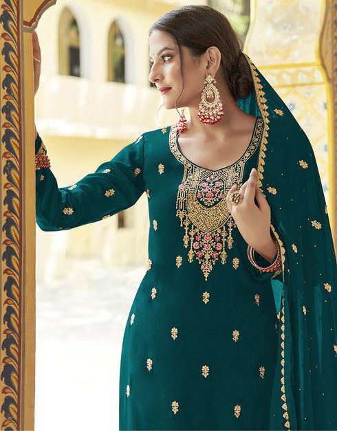 elegant teal real premium silk designer party wear heavy sharara suit collection with teal real premium silk rt8819-184309 Close-up View