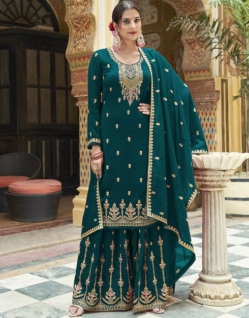 elegant teal real premium silk designer party wear heavy sharara suit collection with teal real premium silk rt8819-184309 Front View