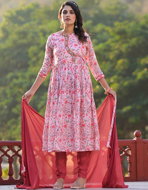 trendy light pink ruby silk designer party wear stylish readymade suit collection with orange red santoon rt8820-184312 Close-up View