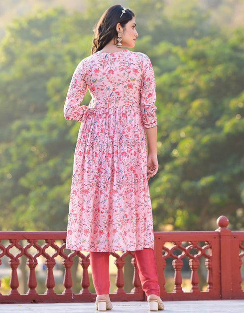 trendy light pink ruby silk designer party wear stylish readymade suit collection with orange red santoon rt8820-184312 Back View