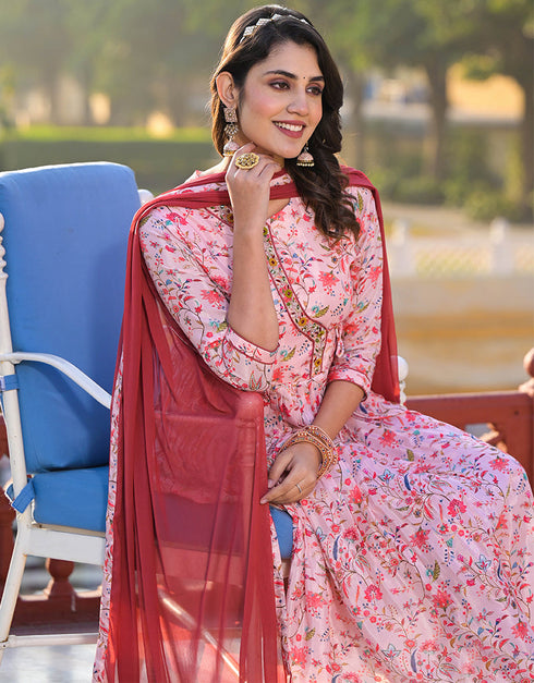 trendy light pink ruby silk designer party wear stylish readymade suit collection with orange red santoon rt8820-184312 Side View