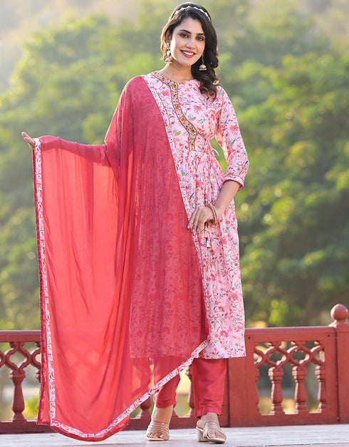 trendy light pink ruby silk designer party wear stylish readymade suit collection with orange red santoon rt8820-184312 Front View