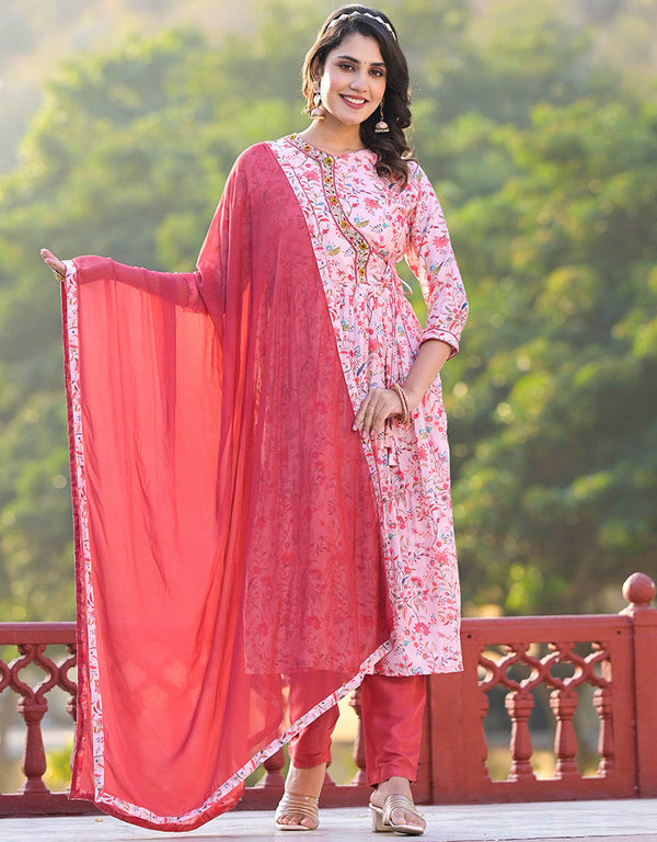 trendy light pink ruby silk designer party wear stylish readymade suit collection with orange red santoon rt8820-184312 Front View