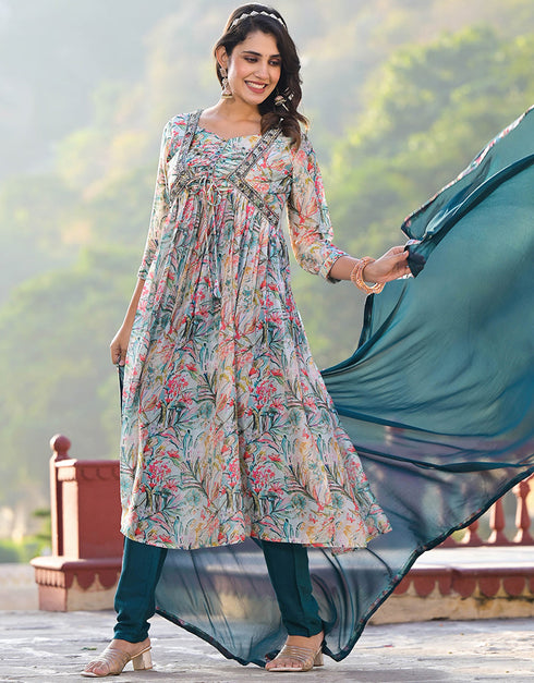 fashionable multi georgette designer party wear stylish readymade suit collection with teal santoon rt8820-184314 Back View