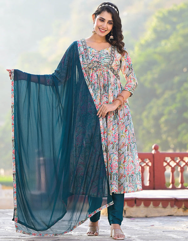 fashionable multi georgette designer party wear stylish readymade suit collection with teal santoon rt8820-184314 Front View