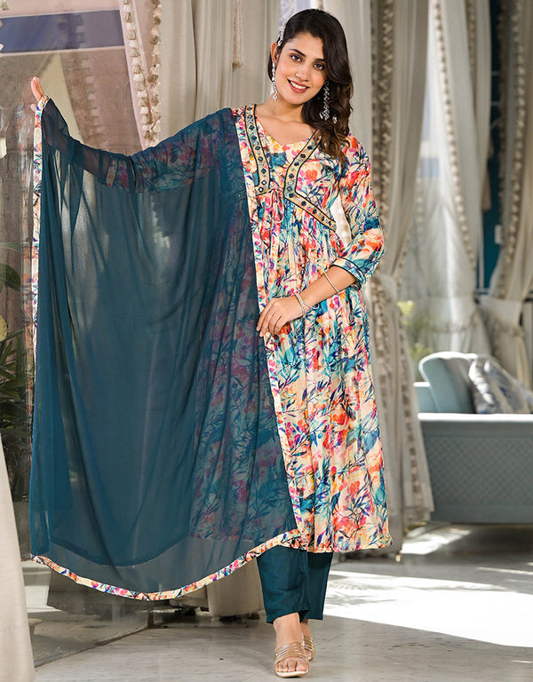 sleek multi georgette designer party wear stylish readymade suit collection with teal santoon rt8820-184315 Front View