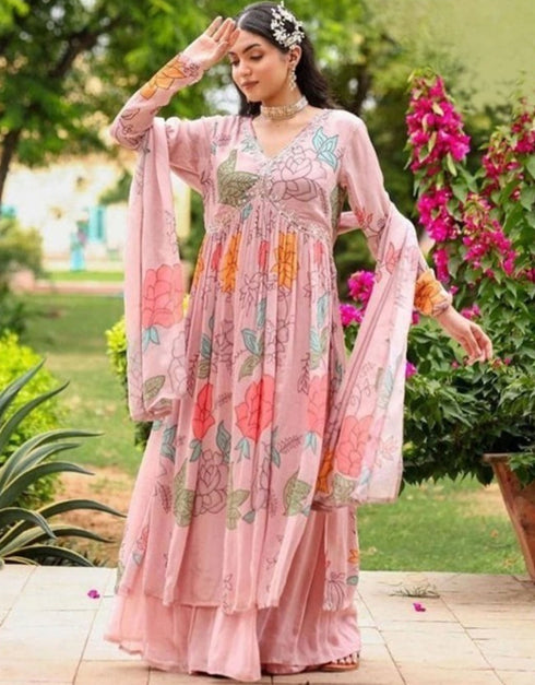 elegant pink georgette designer party wear stylish readymade sharara suit collection with pink georgette rt8826-184362 Front View