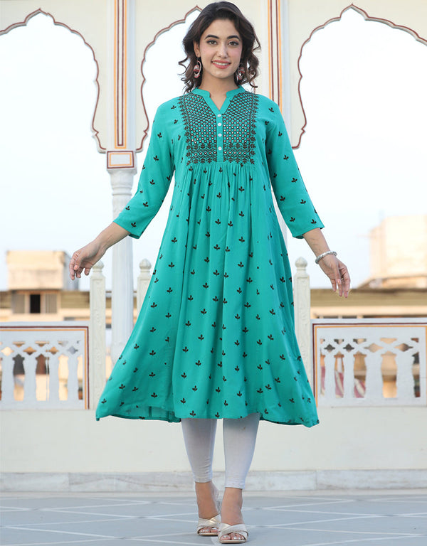fashionable embroidery work viscose designer classy wear viscose readymade kurti collection with sky rt8827-184365 Front View