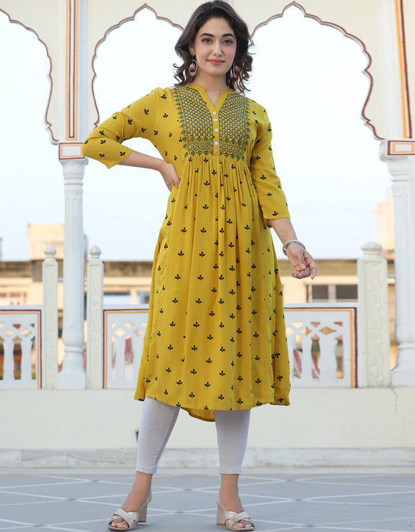 sleek embroidery work viscose designer classy wear viscose readymade kurti collection with mustard rt8827-184366 Front View