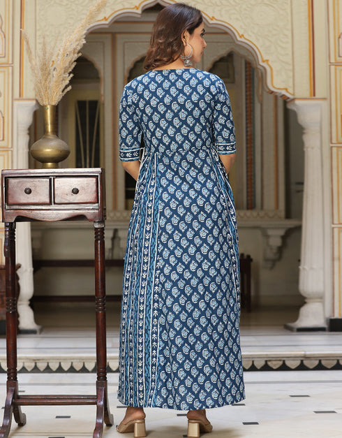 blue cotton designer classy wear readymade gown collection embroidery mirror work details for gown rt8829-184373 Back View